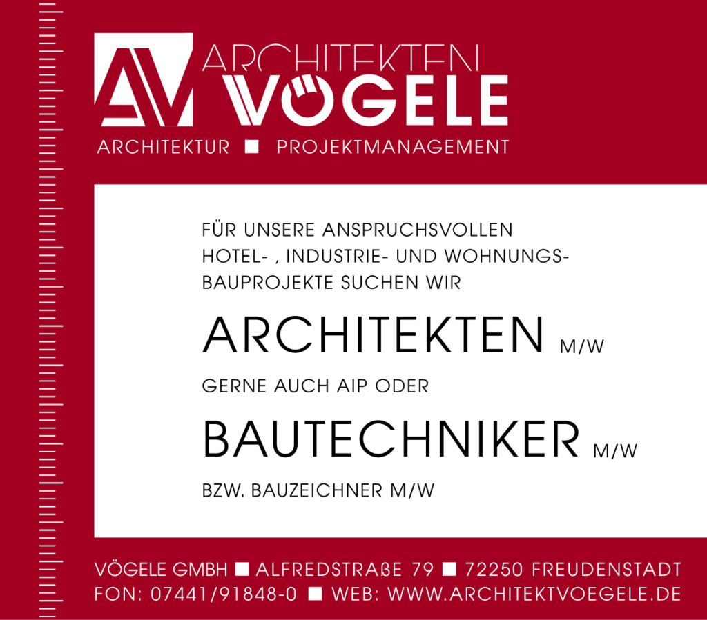 Wir suchen Sie - Stellenangebote - Vögele GmbH - Für unsere anspruchsvollen Hotel-, Industrie- und Wohnungsbauprojekte suchen wir Architekten - m/w gerne auch AIP oder Bautechniker - m/w bzw. Bauzeichner - m/w