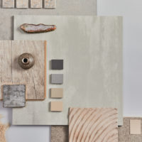 Flat lay of creative architect moodboard composition with samples of building, textile and natural materials and personal accessories. Top view, grey background, template.